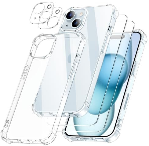 SOGUDE 5 en 1 Coque pour iPhone 15 avec 2 Verre Trempé et 2 Caméra Protecteur, Étui de Protection Antichoc avec Coussin d'air Intégré Mince Bumper Housse - Transparente