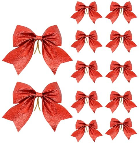 iwiio 12Pcs Christmas Bows for Christmas Decoration Glitter Red Bows for Christmas Tree Vintage Bowknots Set Xmas Tree Bows Sequin Bows Ties Ornaments for Home DIY Craft Gift Wrapping Hanging Decor