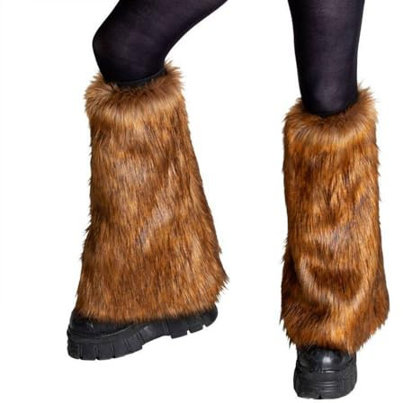 HKYFNNBW - Damen Plüsch-Beinschlaufen, Kunstfell-Beine, einfarbig, weich, gemütlich, pelzig, Winter, warme Beinstulpen, Braun mit schwarzen Spitzen, One size