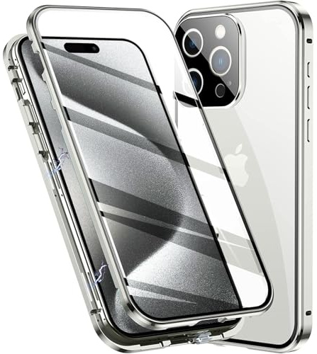 Colala Case for iPhone 16 Pro, Magnetic Adsorption Metal Bumper with Front and Back Transparent Tempered Glass Cover 360 Degree Full Body Protective Case,Silver
