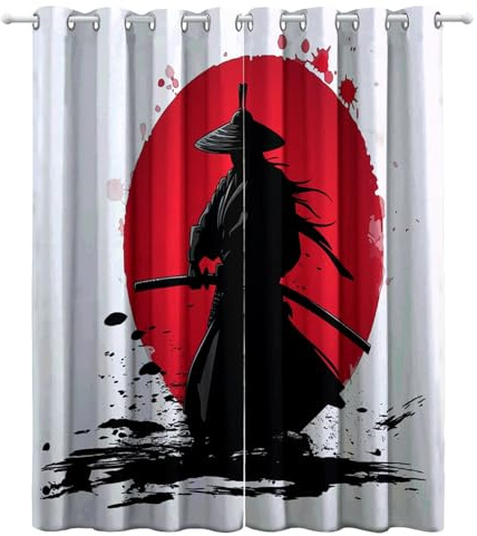 Vorhänge Einfache Samurai-Silhouette Motiv, Vorhang Blickdicht Verdunklungsvorhänge mit Ösen, Gardinen Schlafzimmer Fenster für Kinder Jungen Mädchen, H183 x B117 cm (2er Pack), Schwarz Rot
