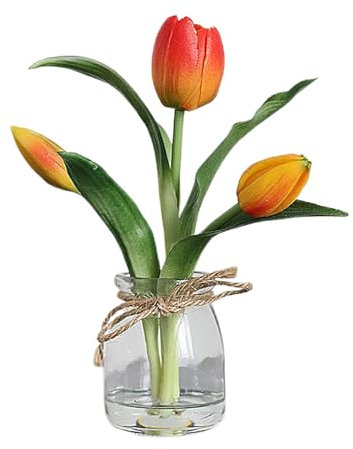 JYCRA Künstliche Tulpen in Glasvase mit Künstlichem Wasser, Kunstblumen mit Topf, Tulpen mit Vase, Blumenarrangement, Tischdekoration (D)