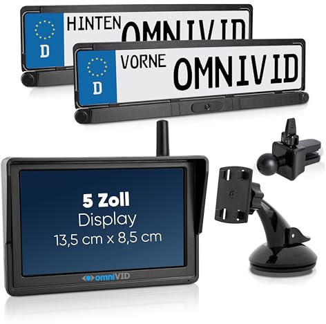 omniVID® Solar 6-Duo für vorn und hinten mit 2 Kameras, Premium Solar Rückfahrkamera-System mit Parksensoren, Kabellos mit 5 Zoll Monitor, zum Nachrüsten, Montage ohne Bohren. IP67 wasserdicht