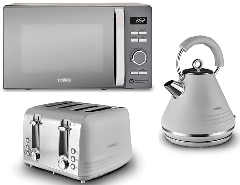 Tower Ash Grey 1.7L 3KW Pyramid Kettle, 4 Slice Toaster & Renaissance 800W 20L Digital Microwave. Contemporary Matching Kettle, Toaster & Microwave Set in Grey