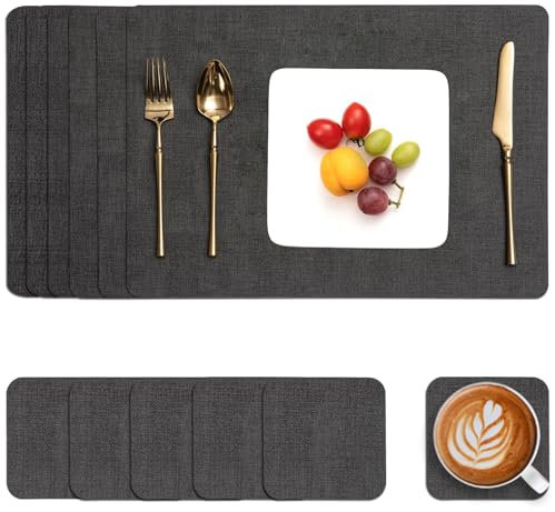 Myir JUN Tischsets Abwaschbar und Untersetzer, Platzsets Abwaschbar Tischset Kunstleder Antifouling und rutschfest Platzdeckchen Lederoptik (Grey, Set of 6)
