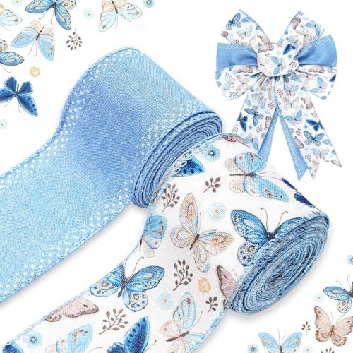 2PCS Blumenband mit Drahtrand, Band Wildblumen Blau, Retro Wildblumen Bastelband, Frühling Stoffband für DIY Schleifen Und Kränze, Geschenkverpackung, Party Dekoration, 4.5 M, Craft Ribbon