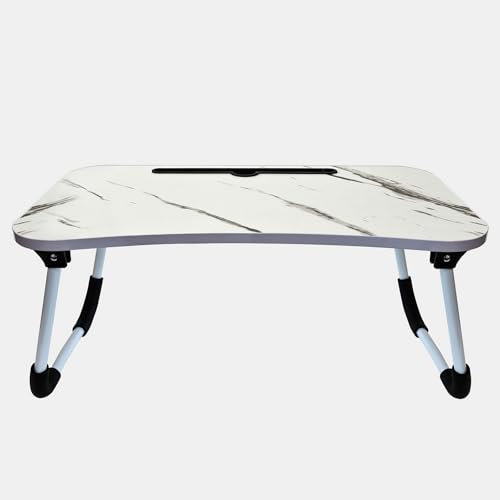 OHS Wooden Laptop Tray Stand For Bed & Sofa with Foldable Legs Laptop Table For Working From Home Portable & Sturdy Breakfast Tray, White Marble - 60x35x26cm