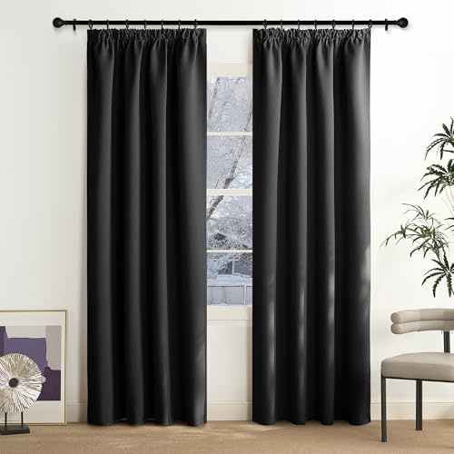 NICETOWN Thermovorhang Kräuselband Gardinen Schwarz Verdunklungsvorhänge | H200 x B140 cm, 2er Set, Hitzeschutz Vorhang, Moderne Gardinen für Schienensystem, Geeignet für Wohnzimmer und Schlafzimmer