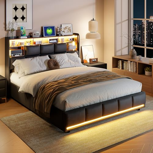 BRILVERDE Polsterbett 160x200 mit Stauraum, Hydraulisch Stauraumbett, Jugendbett mit LED/USB, Bettgestell mit Kopfteil und Lattenrost, Funktionsbett, PU (Schwarz, 160 x 200 cm)