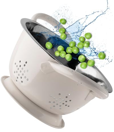 Stainless Steel Mini Colander - Durable & Rust Resistant Drainer with Perforated Drainage Holes & Ergonomic Side Handles. Great Strainer for Pasta, Veggies & Fruits. 15cm Dia x 8.6cm. Oyster Colour