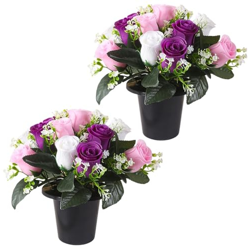 KUWUNG 2 Pcs Artificial Flowers for Graves, 25cm Graves Autumn Flowers Artificial Cemetery Sunflower for Outdoor Decoration - Yellow Orange Fake Funeral Memorial Bouquet in Pot for Fall Graveside