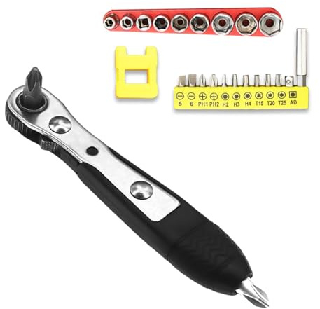 Mini Ratchet Screwdriver Set, Right Angle Screwdriver, 1/4“ Ratchet Wrench with Phillips, Slotted, Phillips, Hexagonal, and Square Slots, Plus Magnetiser, Socket, and Socket Adapter