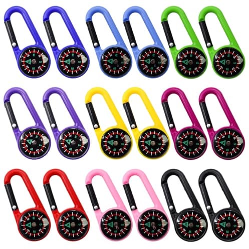 CATELL 18 Stück Kompass mit Karabinerhaken, Bunte Mini Kompass Schlüsselanhänger Outdoor Tragbarer Kompass Kinder Karabiner Haken Minikompaß für Outdoor Camping Wandern Reisen Außen
