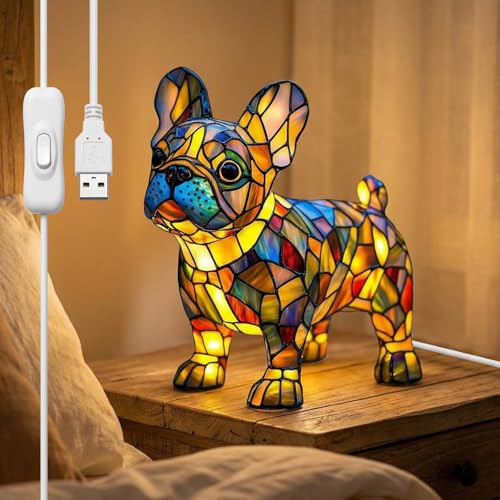 CECOMBINE Bunttischlampe, französische Bulldogge, Buntglas-Hundelampen, Harz-Tisch-Nachtlicht, Retro-Stil, warme Atmosphäre, niedliche Haustier-Themen-Tischlampen, einzigartige Heimdekor-Geschenke