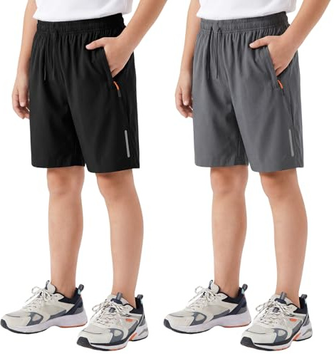 Hoseay Shorts de Sport Garçons, Lot de 2 Séchage Rapide Short Enfants avec Bandes Réfléchissantes et Poche Zippée, Shorts Athlétiques Cordon Coulissant École Cyclismel pour 6-13 Ans