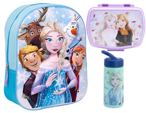 MARUKATSU Frozen Set Mochila Infantil, Sandwichera infantil y Botella escolar - Pack Diseño Colorido | Mochila Escolar 31x25x11cm Niño Niña de 3 a 8 Años | Material Escolar Vuelta al Cole