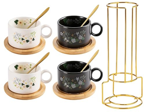 BONJUME Juego De Tazas De Café De Cerámica, 4PCS 200ml Tazas De Capuchino Con Soporte De Metal Y Platillos De Madera Modernas Tazas Apilables De Pared Gruesa Para Espresso Latte Y Capuchino