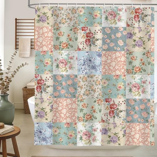 hometrixx Boho Vintage Duschvorhang Patchwork Rosa Blumen Kariert 180x200cm | Wasserdicht Polyester, Maschinenwaschbar, Badevorhänge mit 12 Ringe, Schimmelresistent Badezimmervorhang für Dusche Bad
