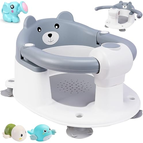 TEGOVE Badsäte för baby, babybadsäte, halkfritt babybadsäte, bärbara badkar med 4 sugkoppar för småbarn och nyfödda, björn - design (grå)