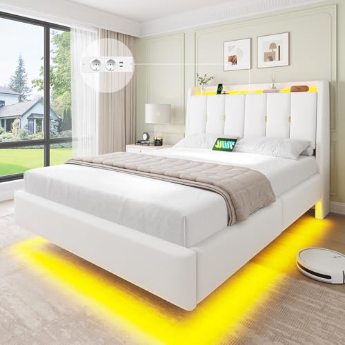 Brinlawb Polsterbett 140x200 cm Schwebebett mit LED-Beleuchtung und Ladestation (2 Steckdosen + 2 USB) Bettgestell 140x200 cm mit gepolstertem, geneigtem Kopfteil (klappbar, mit Stauraum) Weißer Samt