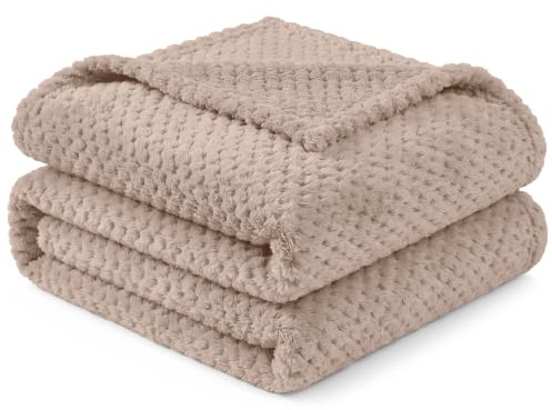 PAVILIA Tan Taupe Throw Blanket for Couch, Twin Bed, Soft Fleece Throws for Sofa Chair, Fuzzy Waffle Textured Blanket, Cozy Warm Lightweight All Season Blanket Throw, 60x80