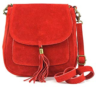 Made in Italy Damen Leder Tasche Messenger Bag Henkeltasche Wildleder Handtasche Umhängetasche Ledertasche Schultertasche Beuteltasche Fransen Cross-Over Rot