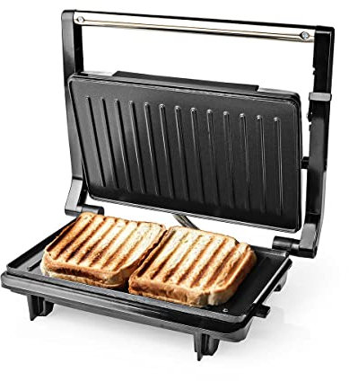 Nedis - Kontakt Grill - Automatischer Temperaturkontrolle - Platte mit Anti-Haft-Beschichtung - Betriebs- und Bereitschaftsanzeige - Cool-Touch-Griff - Abtropfwanne - 750 W - 23 x 14.5 cm - Metall