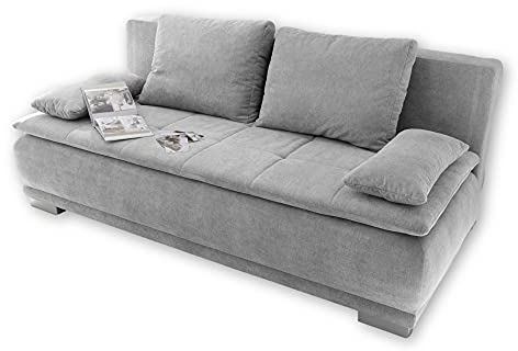 Stella Trading LUIGI Bequemes Schlafsofa mit Bettkasten, Stoffbezug Silber - Klappbares Sofa mit Schlaffunktion und fest vernähtem Schaumtopper - 211 x 93 x 103 cm (B/H/T)