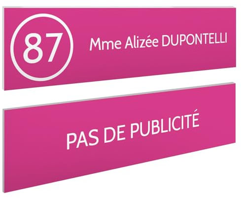 DECOHO - Plaque Boite aux Lettres Personnalisable - Lot de 2 plaques adhésives en Plastique Rose Blanc - 100x25 mm, Gravure Laser, Stop p - Rose