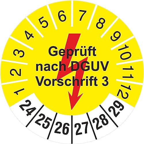 100 Prüfetiketten 18 mm Geprüft nach DGUV Vorschrift 3 gelb mit Blitz 2024-2029 Prüfplakette
