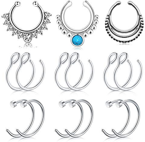 Mayhoop 15Pièces Faux Piercing Nez Faux Piercing Septum Acier Chirurgical avec Diamant Turquoise Faux Anneau Nez Non-Percé Faux Piercing Lèvre Daith Helix Femme Homme