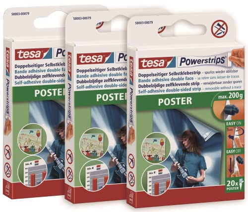 tesa Powerstrips POSTER im 3er Pack - Doppelseitige Klebestreifen für Poster und Plakate - Selbstklebend und spurlos wieder ablösbar - Bis zu 200 g Halteleistung - insgesamt 60 Powerstrips