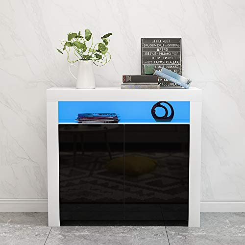 Commode de Eclairage LED Meuble de Rangement avec 4 Compartiments de Stockage + 2 Portes sur Salon, Chambre, 107 x 35 x 97 cm (Noir+Blanc)