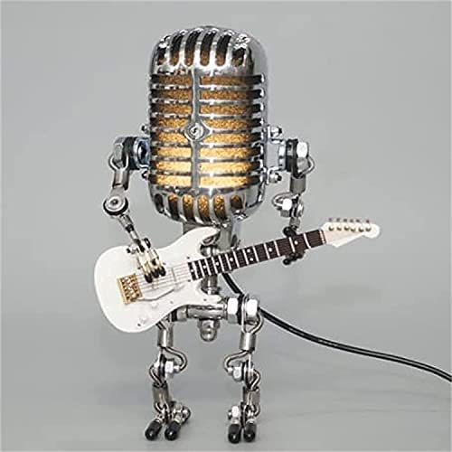 Anshka Vintage Microphone Robot Desk Lamp, Retro Style Microphone Robot Desk Lamp Holding Guitare Vintage, Vintage Light Home Decor Nightstand Desk Lamp for Bedroom, Bar, Restaurant (White)
