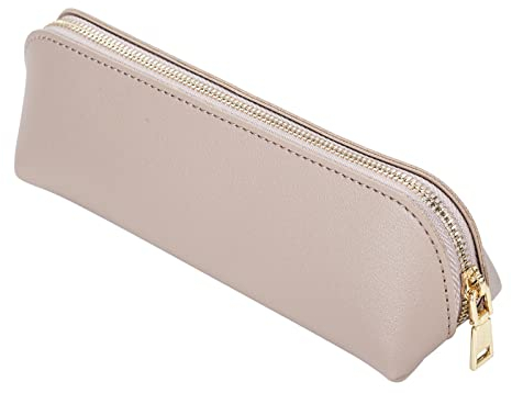Fyore Leather Pencil Case Slim Design Pen Bag with Metallic Zipper Pocket Size for or Student Office College Middle School (Khaki)