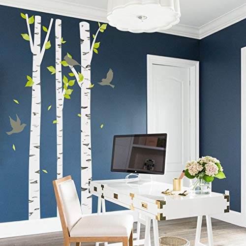 decalmile Wandtattoo Groß Baum Wandaufkleber Birke Weiß Grüne Blätter Wandsticker Kinderzimmer Schlafzimmer Wohnzimmer Wanddeko(H:205 CM)