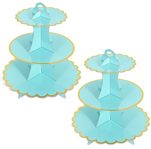 2 Pack Blue Cake Stand Cardboard Cupcake Stand 3 Tier Cupcake Cardboard Cake Stands for Afternoon Tea 3 Tier Cake Stand for Birthday,Wedding,Mother's Day,Baby Shower