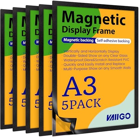 VAIIGO A3 Cadre Magnétique, Cadre d'information, Autocollant de Fermeture magnétique pour Documents, Photos, Sachet (Noir, A3/5Pack)