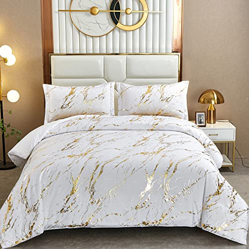 WONGS BEDDING White Gold Metallic Marble Comforter Set Queen Foil Print Glitter Bedding Sets with 2 Pillowcases for All Seasons, Soft Microfiber Filling Bedding Duvet Set 90x90