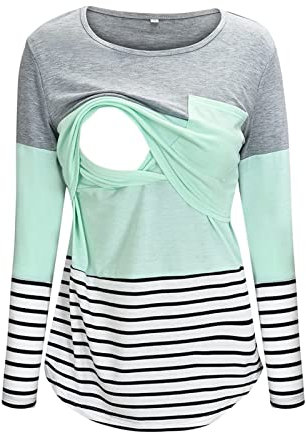 AMhomely UK Stock Clearance Maternity Round Neck Stripe Patchwork Long Sleeve Breast Feeding Pregnant Woman Nursing Blouse Tops T-Shirt, Gray 1, L
