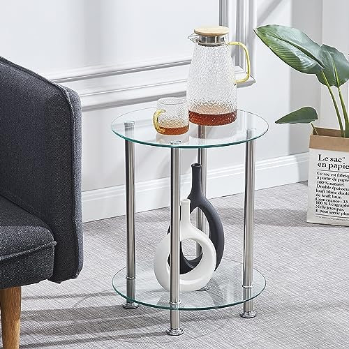 Round Glass End Table for Living Room Side Tabl with Tempered Glass Top Nightstand, Round Telephone Table Glass with Silver Metal Legs