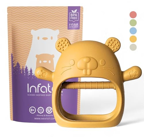 Infatot® Teething Toys for Baby Gifts – Chipmunk Silicone Mitten Teether, Soothing Glove for Infants, Baby Toys 0-6 Months, Soft Chewable Teether Toy to Prevent Finger Sucking, CM Mango