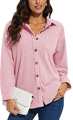 KEFITEVD Chemise décontractée boutonnée en velours côtelé pour femme, coupe surdimensionnée, col en V, manches longues, avec poche, rose clair, L
