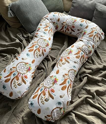 LOOLAY TYP A Relax Kingsize Waffelpique/Glatt Baumwolle XXXL 330 cm Schwangerschaftskissen Seitenschläferkissen Stillkissen Typ U Lagerungskissen (Waffelpique Taupe/Traumfänger Boho)