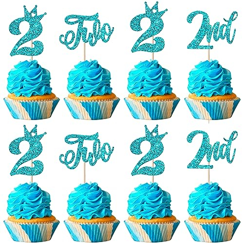 24 Stück Two Geburtstag Tortendeko Glitzer Happy 2nd Geburtstag Cupcake Toppers Crown Happy Geburtstag Kuchen Deko für Zweite Geburtstag Party Kuchen Dekorationen Blau