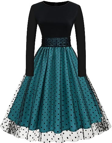 Women Vintage Polka Dot 1950s Audrey Retro Rockabilly Prom Dress 50s Long Sleeve Patchwork Cocktail Party Swing Dress, Black+blue, S