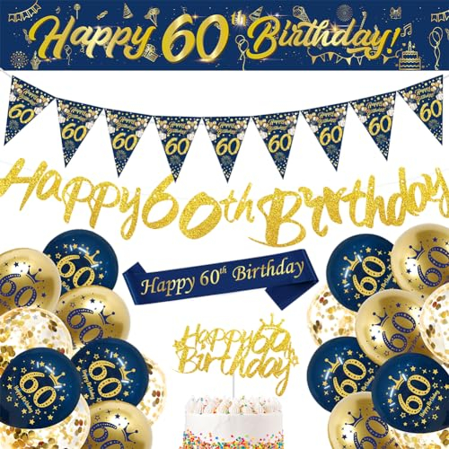 Blue Gold Happy 60th Birthday Banner, Balloons, Bunting Flags, Sash, Cake Toppers for Men & Women's 60th Party Supplies