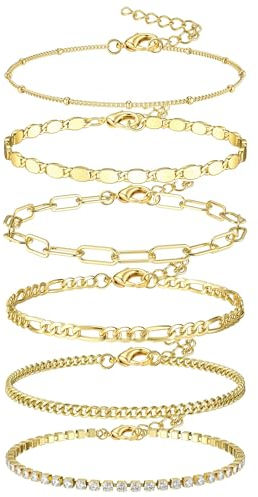 JeweBella 6 Stück Kette Armband Gold Damen 14 Karat Vergoldet Edelstahl Armband Set Verstellbar Twist Figaro Tennis Armbänder Set Armkette Modeschmuck Gold Ketten Armbander für Damen Mädchen