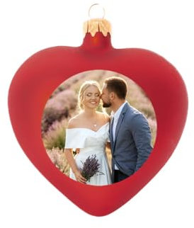 Weihnachtskugel in Herzform individuell mit ihrem Text oder Foto Bedruckt - Ø 9cm aus Glas - Christbaumkugel mit Digitaldruck (Seidenmatt) (Rot, 1)