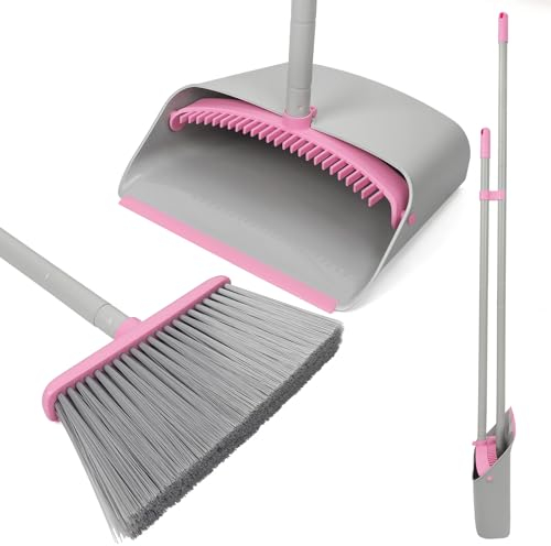 Pink Broom with Dustpan Combo Set,52 Brooms for Sweeping Indoor Broom and Dustpan Set for Home Kitchen Office Lobby Floor Standing Dust Pan